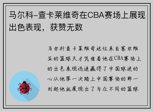 马尔科-查卡莱维奇在CBA赛场上展现出色表现，获赞无数