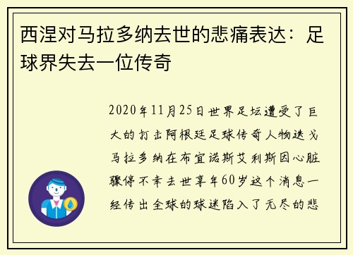 西涅对马拉多纳去世的悲痛表达：足球界失去一位传奇