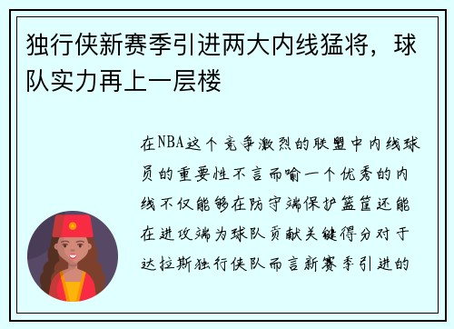 独行侠新赛季引进两大内线猛将，球队实力再上一层楼