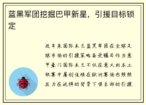 蓝黑军团挖掘巴甲新星，引援目标锁定